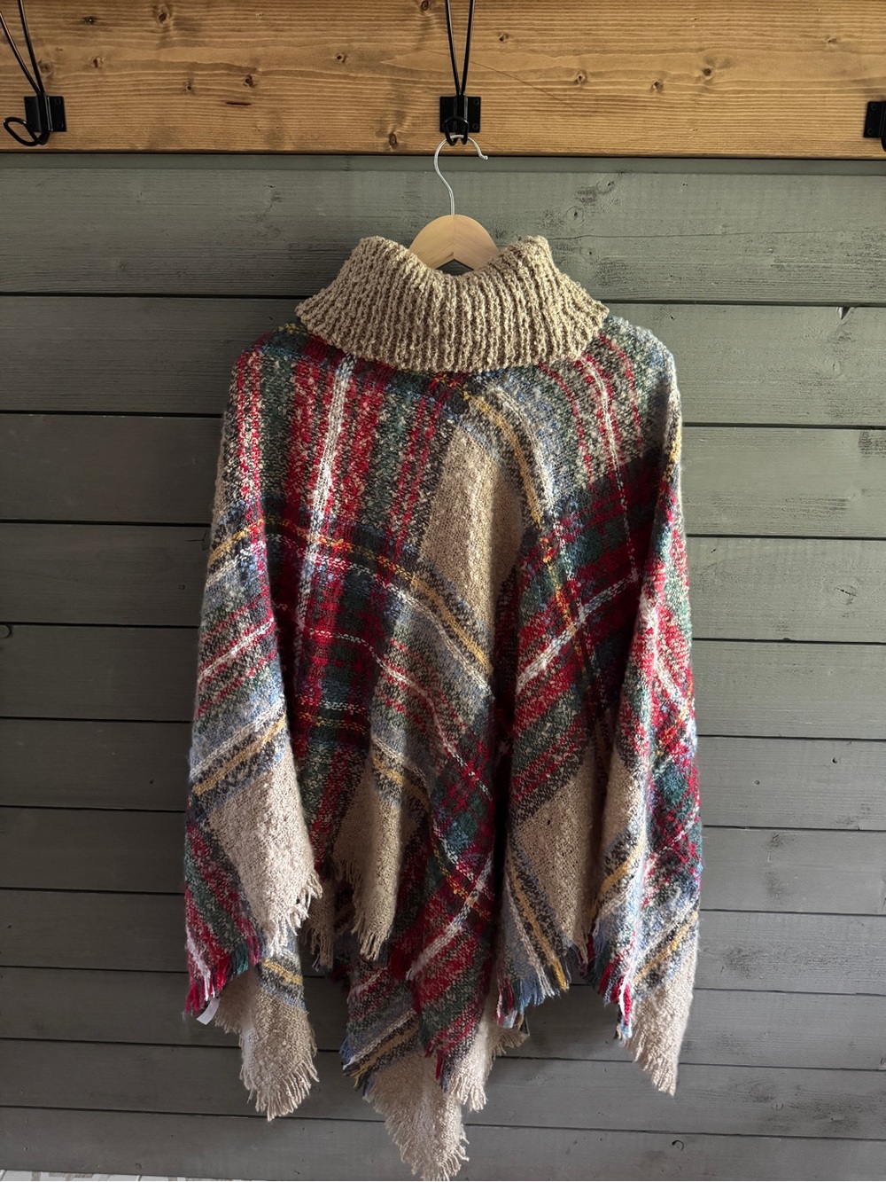 Pink Lily Plaid Turtleneck Poncho in Beige, Red & Blue - Picture 2 of 2